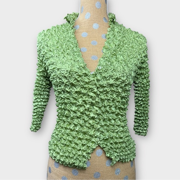 Magic Scarf Tops - Magic Scarf Popcorn Shirt Lime Green Y2K Bubble Crinkle Button Front Cardigan OS